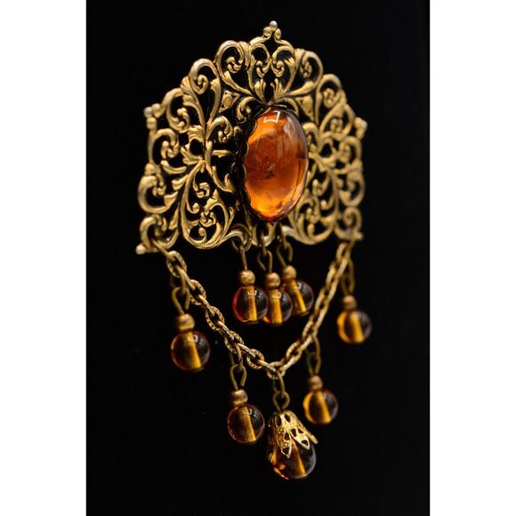 Cabochon Amber Brooch Pin Antiqued Gold Jelly Beaded Chain Dangle Vintage Bin5A - Picture 5 of 12